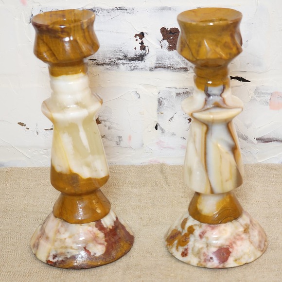 Vintage Marble Candle Holders Brown-Cream-White Made in Mexico Set/2 - 6.5" Tall - Picture 1 of 8